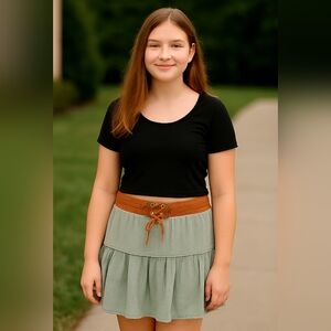 M8) Amy Byer XL Girls Boho Tiered Skirt with Braided Waist & Faux Leather Accent